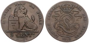 Belgium, Kingdom, Leopold I, 5 Centimes Copper 1842, Seated lion with tablet, Morin 73, A.VF