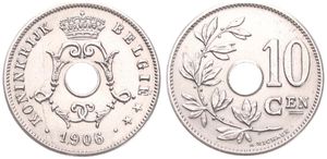 Belgium, Kingdom, Leopold II, 10 Centimes Copper-Nickel 1906/05FL, Center hole within crowned monogram, Morin 267a, UNC (slightly cleaned)