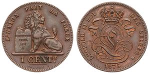 Belgium, Kingdom, Leopold II, 1 Centime Copper 1875FR, Seated lion with tablet, Morin 223, UNC