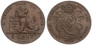 Belgium, Kingdom, Leopold I, 5 Centimes Copper 1850, Seated lion with tablet, Morin 77, LARGE 0 IN DATE, XF
