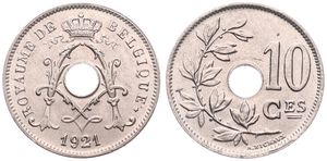 Belgium, Kingdom, Albert I, 10 Centimes Copper-Nickel 1921FR, Center hole within crowned monogram, Morin 339, UNC
