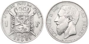 Belgium, Kingdom, Leopold II, 1 Franc Silver 1881/61FR, Bearded head left, Morin 176a, RARE DATE, F/VF
