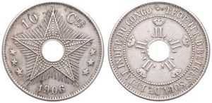 Congo Free State, Royal Domain, Leopold II, 10 Centimes Copper-Nickel 1906, Center hole flanked by crowned monograms within beaded circle, KM 10, VF