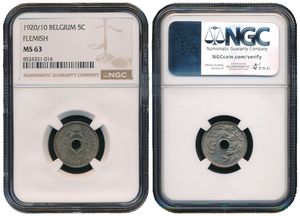 Belgium, Kingdom, Albert I, 5 Centimes Copper-Nickel 1920/10FL, Center hole within crowned monogram, Morin 359a, NGC Graded MS 63
