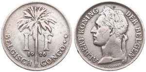 Belgian Congo, Colony, Albert I, 1 Franc Copper-Nickel 1926/25, Laureate head of the King left, KM 21 Flemish Legend, SCARCER OVERSTRIKE, A.VF