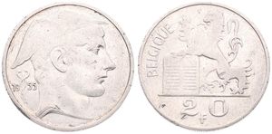 Belgium, Kingdom, Baudouin I, 20 Francs Silver 1955FR, Helmeted head of Mercurius right, Morin 549, EXTREMELY RARE KEY DATE !, A.VF
