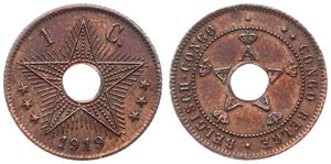 Belgian Congo, Colony, Albert I, 1 Centime Copper 1919, Center hole flanked by crowned monograms within beaded circle, KM 15, XF