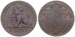 Belgium, Kingdom, Leopold I, 5 Centimes Copper 1834, Seated lion with tablet, Morin 69, SCARCER DATE, VF
