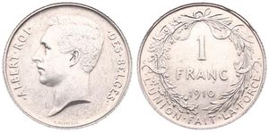 Belgium, Kingdom, Albert I, 1 Franc Silver 1910FR, Head left, Morin 288, XF