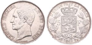 Belgium, Kingdom, Leopold I, 5 Francs Silver 1865, Bare head left, Morin 45d, SCARCE VARIETY WITH DOUBLE 2ND N IN UNION !, XF/AU !