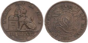 Belgium, Kingdom, Leopold I, 10 Centimes Copper 1848/38, Seated lion with tablet, Morin 64b, VF (edgenicks)