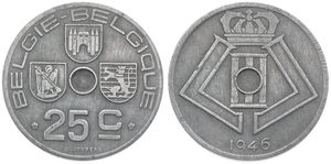 Belgium, Kingdom, Prince Charles, 25 Centimes Zinc 1946FL/FR, Center hole within crowned monogram, Morin 537, ERROR COIN : UNHOLED CENTER, VF (cleaned)