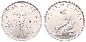 Belgium, Kingdom, Albert I, 50 Centimes Nickel 1928FR, Kneeling woman left, Morin 414, UNC