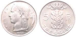 Belgium, Kingdom, Baudouin I, 5 Francs Copper-Nickel 1967FL, Head of Ceres left, Morin 567, UNC !