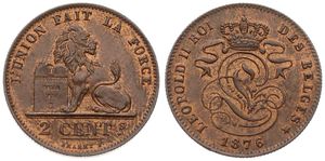 Belgium, Kingdom, Leopold II, 2 Centimes Copper 1876FR, Seated lion with tablet, Morin 212, UNC