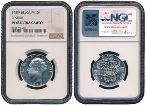 Belgium, Kingdom, Leopold III, Modern Restrike from 20 Francs Silver 1938FR/FL, Crown above nine shields, Morin NL, NGC Graded PF 68 ULTRA CAMEO