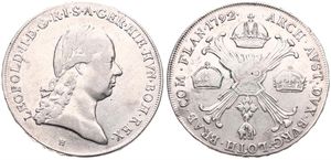 Austrian Netherlands, Leopold II, 1 Kronenthaler Silver 1792H, Laureate head right / Floriated cross with 3 crowns & Golden Fleece, KM 42 Gunzburg, A.VF