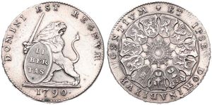 Austrian Netherlands, Insurrection Coinage, 3 Florins Silver 1790(b), Rampant lion right holding sword and shield / 11 Shields surround central radiant design, KM 50 Brussels with LARGE DATE, RARE !, A.XF