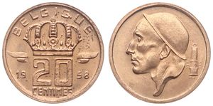 Belgium, Kingdom, Baudouin I, 20 Centimes Bronze 1958FR, Helmeted mine worker left, Morin 730, UNC !