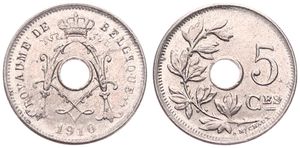 Belgium, Kingdom, Albert I, 5 Centimes Copper-Nickel 1910FR, Center hole within crowned monogram, Morin 353, UNC