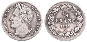 Belgium, Kingdom, Leopold I, 1/4 Franc Silver 1834, Laureate head left, Morin 35, VF