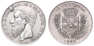 Congo Free State, Royal Domain, Leopold II, 50 Centimes Silver 1891, Bearded head left, KM 5, XF