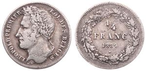 Belgium, Kingdom, Leopold I, 1/4 Franc Silver 1834, Laureate head left, Morin 35, VF