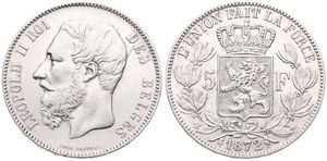 Belgium, Kingdom, Leopold II, 5 Francs Silver 1872, Bearded head left, Morin 159, XF