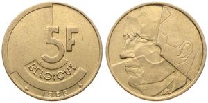 Belgium, Kingdom, Baudouin I, 5 Francs Brass 1986FR, Head left, Morin 804a, VARIETY : INCOMPLETE FIRST E IN BELGIQUE, VF