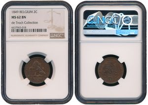 Belgium, Kingdom, Leopold I, 2 Centimes Copper 1849, Seated lion with tablet, Morin 98, NGC Graded MS 62 BN