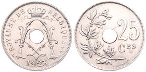 Belgium, Kingdom, Albert I, 25 Centimes Copper-Nickel 1923FR, Center hole within crowned monogram, Morin 328, UNC 