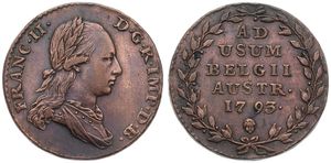Austrian Netherlands, Franz II, 2 Liards Copper 1793(b), Laureate bust right, KM 57 Brussels, VF