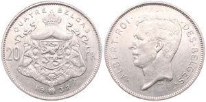 Belgium, Kingdom, Albert I, 20 Francs (4 Belgas) Nickel 1932FR (Position A), Head left, Morin 378a, A.XF