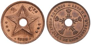 Congo Free State, Royal Domain, Leopold II, 2 Centimes Copper 1888, Center hole flanked by crowned monograms within beaded circle, KM 2, XF (cleaned & varnished)