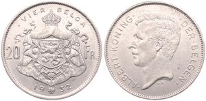 Belgium, Kingdom, Albert I, 20 Francs (4 Belgas) Nickel 1932FL (Position A), Head left, Morin 379a, XF