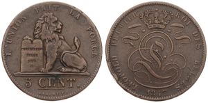 Belgium, Kingdom, Leopold I, 5 Centimes Copper 1847, Seated lion with tablet, Morin 74, VARIETY WITH CURSIVE N IN CENT & WITHOUT CROSS ON CROWN, A.VF