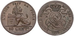 Belgium, Kingdom, Leopold I, 10 Centimes Copper 1832, Seated lion with tablet, Morin 61, XF (edgenick)
