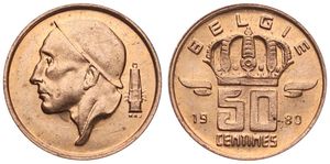 Belgium, Kingdom, Baudouin I, 50 Centimes Bronze 1980FL, Helmeted mine worker left, Morin 703b, VARIETY WITH TRIANGLE BELOW CHIN, UNC