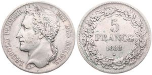 Belgium, Kingdom, Leopold I, 5 Francs Silver 1833, Laureate head left, Morin 8a (Position A), VF