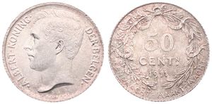 Belgium, Kingdom, Albert I, 50 Centimes Silver 1911FL, Head left, Morin 301, A.UNC