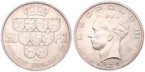 Belgium, Kingdom, Leopold III, 50 Francs Silver 1940FL/FR (Position A), Crown above nine shields, Morin 447g, SCARCE VARIETY WITH TRIANGLE IN THIRD SHIELD FROM LEFT & WITHOUT CROSS, XF/AU