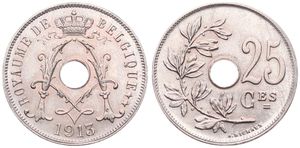 Belgium, Kingdom, Albert I, 25 Centimes Copper-Nickel 1913FR, Center hole within crowned monogram, Morin 321, UNC 
