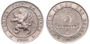 Belgium, Kingdom, Leopold II, 5 Centimes Copper-Nickel 1900FR, Rampant lion within circle left, Morin 250, UNC
