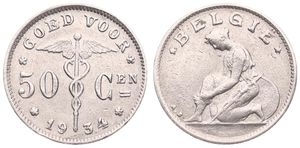 Belgium, Kingdom, Albert I, 50 Centimes Nickel 1934FL, Kneeling woman left, Morin 423, RARE KEY DATE !, VF