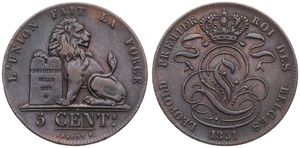 Belgium, Kingdom, Leopold I, 5 Centimes Copper 1851, Seated lion with tablet, Morin 78, WITH SMALL 5 IN DATE, VF+