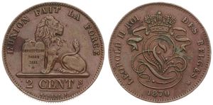 Belgium, Kingdom, Leopold II, 2 Centimes Copper 1870FR, Seated lion with tablet, Morin 207, LION VARIETY, A.XF