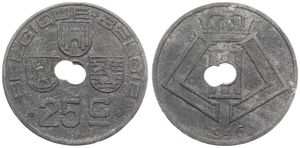 Belgium, Kingdom, Prince Charles, 25 Centimes Zinc 1946FR/FL, Center hole within crowned monogram, Morin 536, ERROR COIN : DOUBLE CENTER HOLE, A.VF
