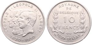 Belgium, Kingdom, Albert I, 10 Francs (2 Belgas) Nickel 1930FR (Position A), 100th Anniversary of Belgian Independence, Morin 380a, XF