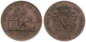Belgium, Kingdom, Leopold II, 2 Centimes Copper 1875FR, Seated lion with tablet, Morin 211, XF