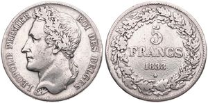 Belgium, Kingdom, Leopold I, 5 Francs Silver 1833, Laureate head left, Morin 8a (Position A), A.VF